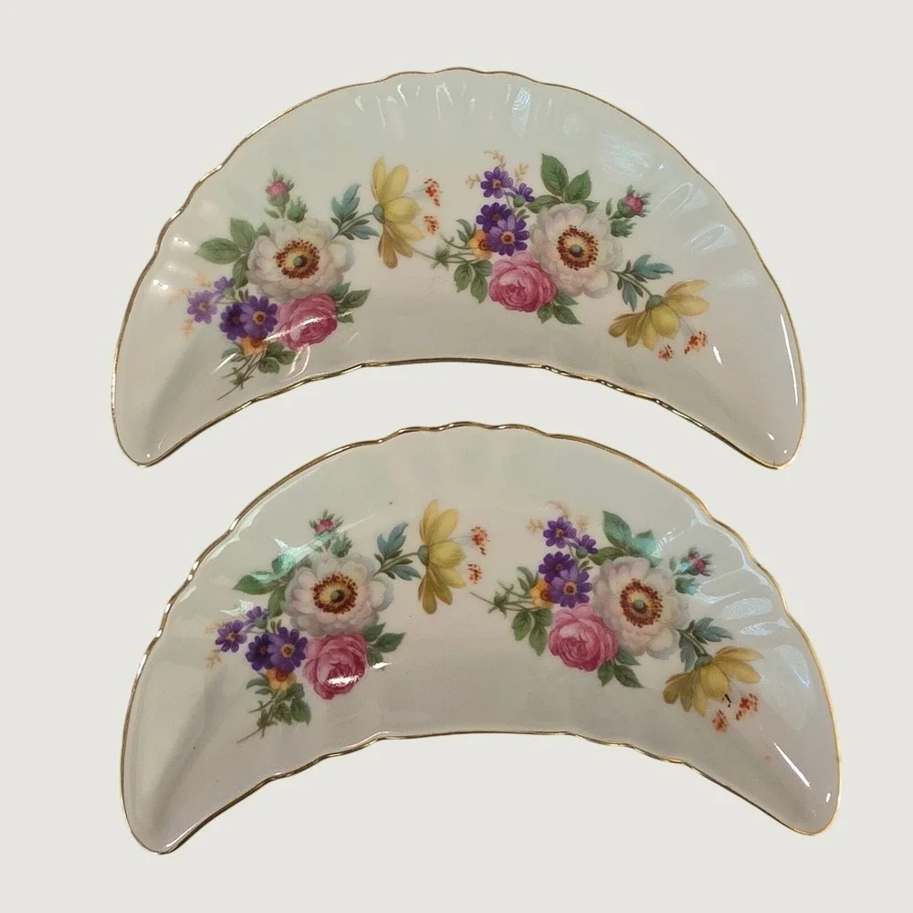 Vtg Mitterteich Bavaria Germany 2 Bone Dish Meissen Floral Gold Trim  23043 039